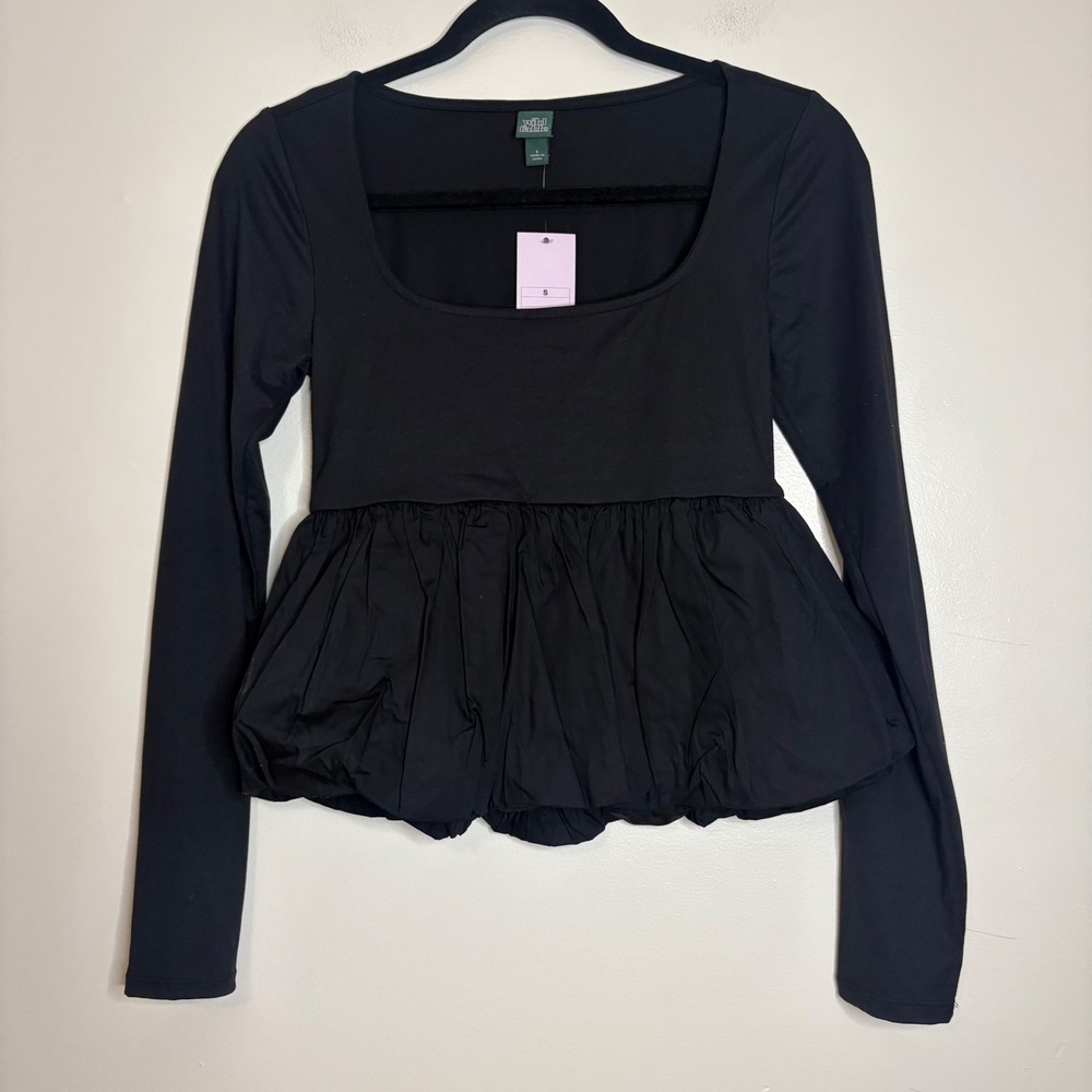 Wild Fable Black Square Neck Long Sleeve‎ Peplum Bubble Top - Women's Size S